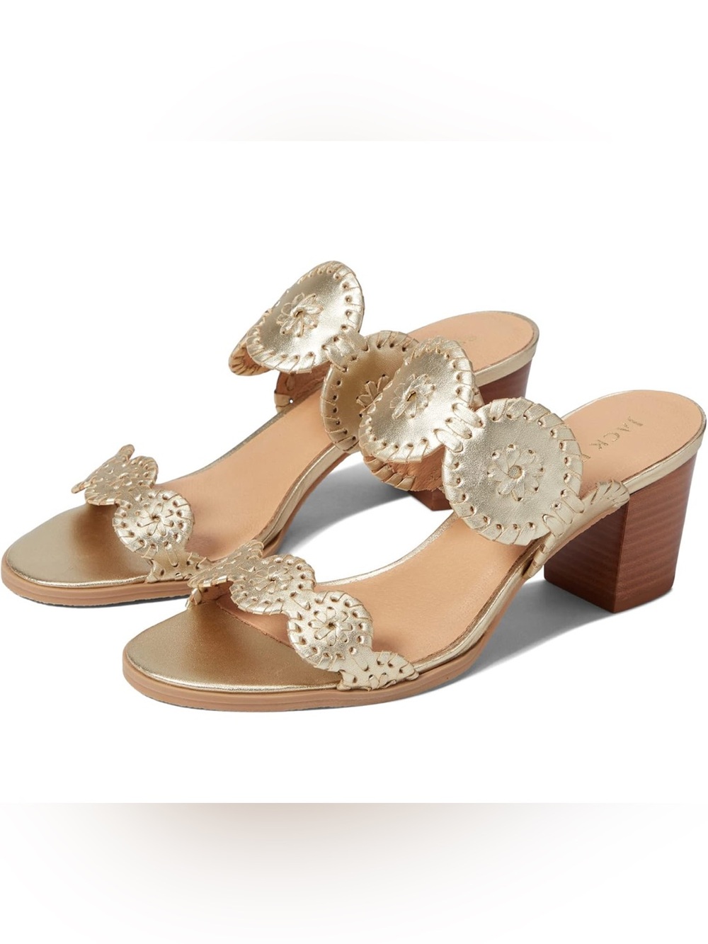 NWT Jack Rogers Laurin (Lauren) Mid Heel Sandals Platinum Leather Gold Block 8.5
